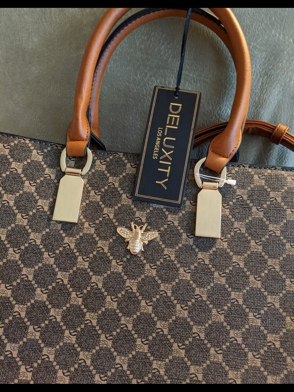 Deluxity Brown Patterned Satchel with Gold Bee Accent